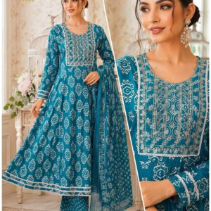 Teal Blue Ethnic Printed Anarkali Kurti Set with Dupatta