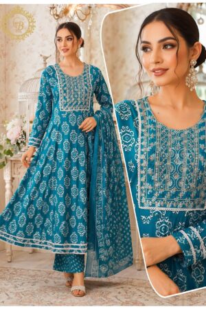 Teal Blue Ethnic Printed Anarkali Kurti Set with Dupatta
