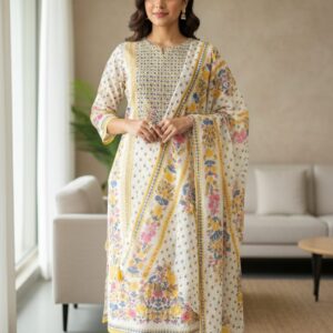White Floral Print Cotton Kurta Set with Dupatta