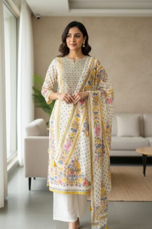 White Floral Print Cotton Kurta Set with Dupatta
