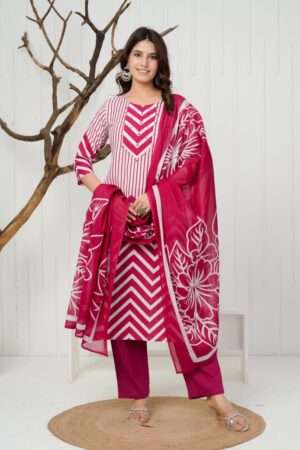Pink Printed Straight Kurta Set with Dupatta