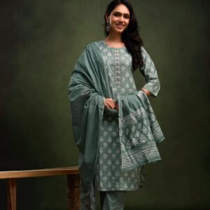 Sage Green Floral Booti Block Print Kurta Pant Set with Dupatta