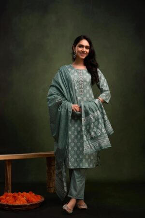 Sage Green Floral Booti Block Print Kurta Pant Set with Dupatta