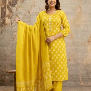 Mustard Yellow Floral Block Print Kurta Pant Set with Dupatta
