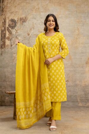 Mustard Yellow Floral Block Print Kurta Pant Set with Dupatta