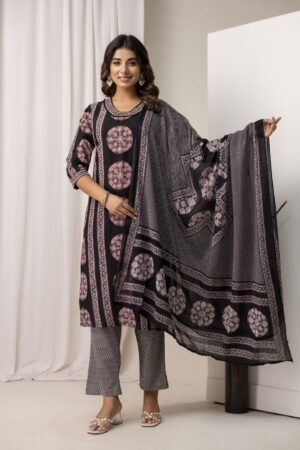Black Medallion Block Print Kurta Palazzo Set with Dupatta