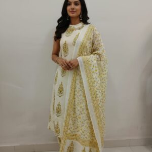 White & Mustard Yellow Floral Block Print Kurta Palazzo Set with Dupatta