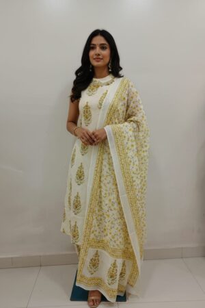 White & Mustard Yellow Floral Block Print Kurta Palazzo Set with Dupatta