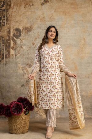 Ivory White Floral Block Print Kurta Pant Set with Dupatta