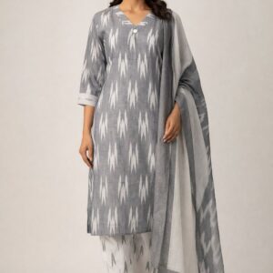 Grey & White Ikat Weave Straight Kurta Pant Set with Dupatta
