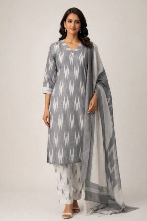 Grey & White Ikat Weave Straight Kurta Pant Set with Dupatta