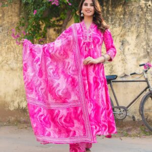 Hot Pink Marble Print Anarkali Kurta Palazzo Set with Dupatta