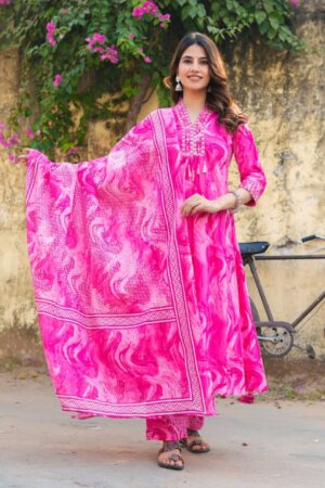 Hot Pink Marble Print Anarkali Kurta Palazzo Set with Dupatta