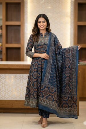 Navy Blue  Ethnic Print Kurta Pant Set with Dupatta