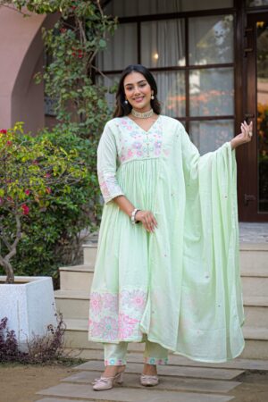 Mint Green Pure Cotton Anarkali Kurta Set with Multicolor Floral Embroidery, Dupatta & Embroidered Pant
