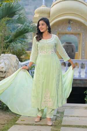 Pista Green Pure Cotton Anarkali Kurta Set with Multicolor Embroidery, Mirror Work, Dupatta & Embroidered Pant