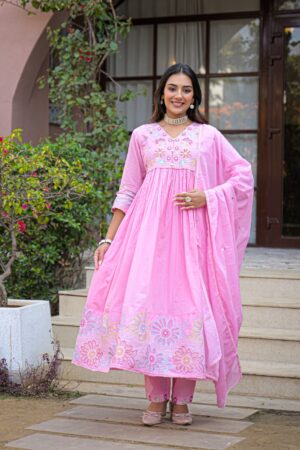 Baby Pink Pure Cotton Anarkali Kurta Set with Multicolor Floral Embroidery, Dupatta & Embroidered Pant