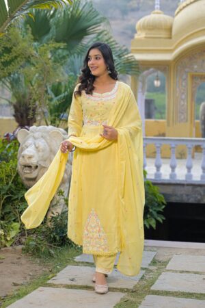 Lemon Yellow Pure Cotton 3-Piece Straight Kurta Set with Multicolor Embroidery, Mirror Work & Dupatta