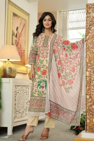 Off-White Floral Jaal Print Straight Kurta Trouser Set with Dupatta | Cotton Women's Ethnic Wear