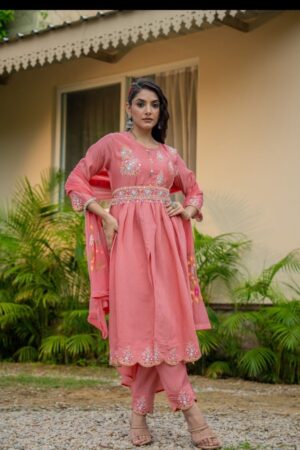 Peach Rose Embroidered Peplum Anarkali Kurta Trouser Set with Dupatta