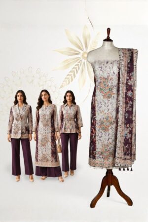 Rust Brown Jamdani Linen Unstitched Dress Material with Resham Thread Madhubani Peacock & Tree Motif & Gold Zari Border — 3 Piece Set