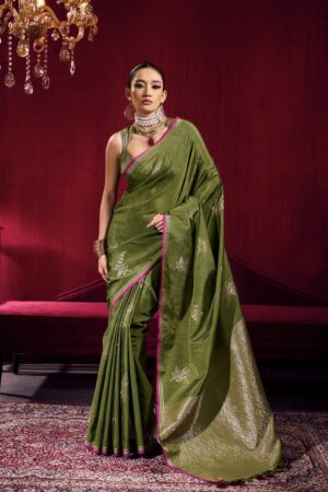 Olive Green Linen Satin Saree | Zari Woven Buttas & Heavy Pallu | Contrast Magenta Pink Border | Bridal & Festive Ethnic Wear