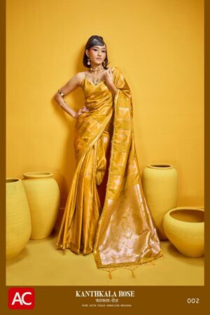 Kanthkala Rose Pure Satin Tissue Handloom Saree | Golden Yellow with Silver Zari Buti & Heavy Brocade Pallu
