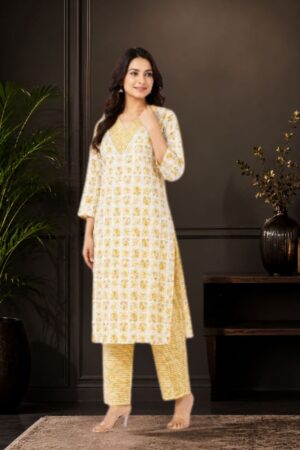 White & Yellow Pure Cotton 2-Piece Kurta Set