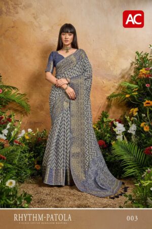 Rhythm Patola Viscose Cotton Handloom Weaving Saree | Steel Blue Grey with Geometric Patola Print & Zari Border