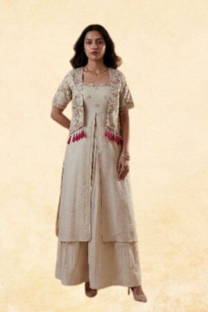 Ivory Embroidered Jacket-Style Kurti with Sharara & Tassel Detail — Festive Indo-Western Set