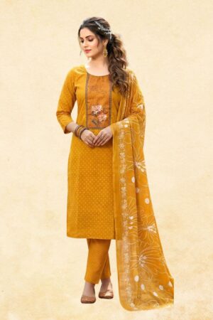 Mustard Yellow Polka Dot Kurta Set with Floral Chest Embroidery & Dupatta