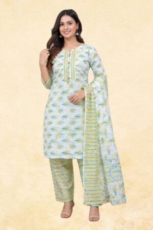 White & Yellow Floral Block Print Cotton 3-Piece Kurta Set
