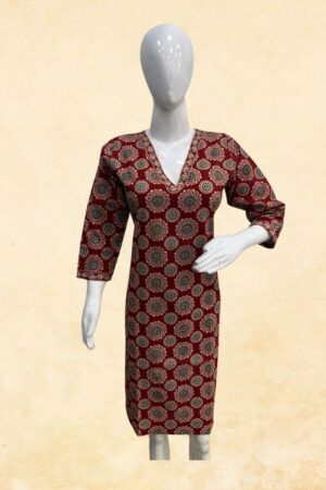 Maroon Ajrakh Medallion Block Print Cotton Kurti Top