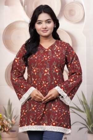 Maroon Floral Printed Cotton Short Kurti with Lace Border & Full Bell Sleeves for Women