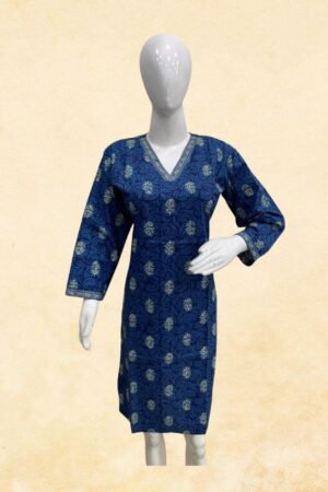 Indigo Blue Buti & Swirl Block Print Cotton Kurti Top