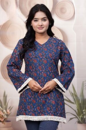 Navy Blue Floral Printed Cotton Short Kurti with Crochet Lace Border & Full Bell Sleeves for Women