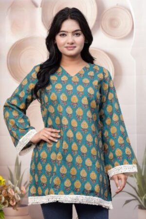 Teal Green Mughal Booti Printed Cotton Short Kurti with Crochet Lace Border & Full Bell Sleeves for Women