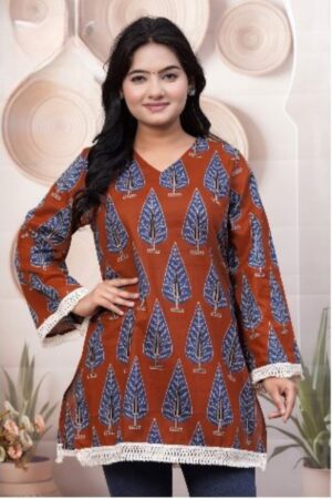 Rust Brown Tribal Tree Printed Cotton Short Kurti with Crochet Lace Border & Full Bell Sleeves for Women