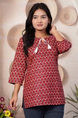 Maroon Paisley Printed Cotton Short Kurti with Tassel Tie-Up Neck for Women