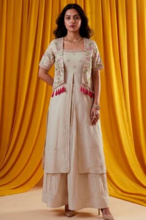 Ivory Embroidered Jacket-Style Kurti with Sharara & Tassel Detail — Festive Indo-Western Set