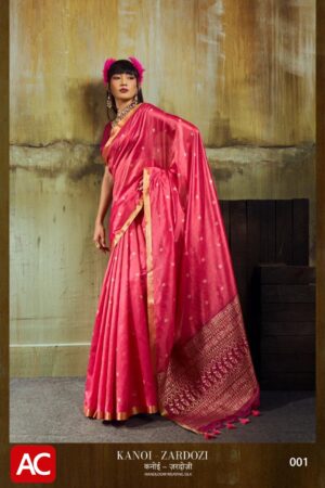 Kanoi Zardozi Pure Handloom Weaving Silk Saree | Coral Pink with Gold Zari Buti & Heavy Brocade Pallu