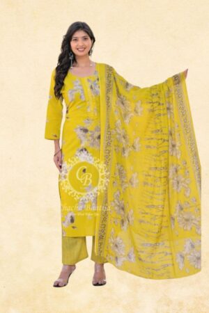 Lime Yellow Grey Floral Print Straight Kurta Palazzo Set with Dupatta