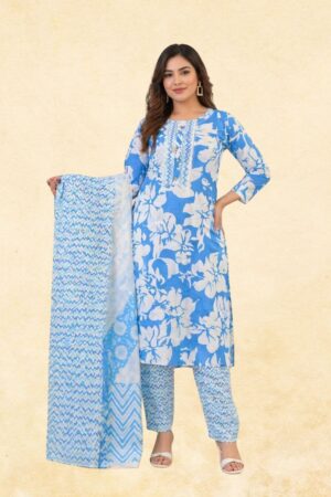 Sky Blue & White Floral Print Cotton 3-Piece Kurta Set