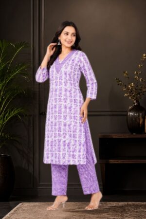 White & Lavender Pure Cotton 2-Piece Kurta Set