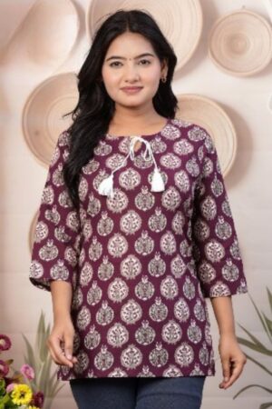 Wine Purple Mughal Medallion Booti Printed Cotton Short Kurti with Double Tassel Tie-Up Neck for Women