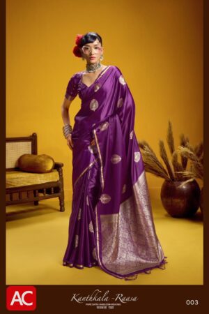 Kanthkala Raasa Pure Satin Handloom Saree | Royal Purple with Zari Buti & Heavy Brocade Pallu | Wedding & Festive Wear
