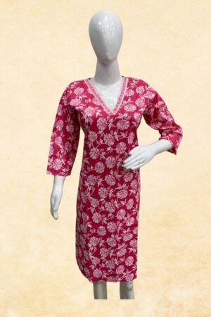 Pink Floral Block Print Cotton Kurti Top