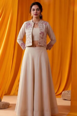 Pearl Beige Floral Velvet Print Jacket Crop Top & Flared Skirt Set — Indo-Western Festive Fusion