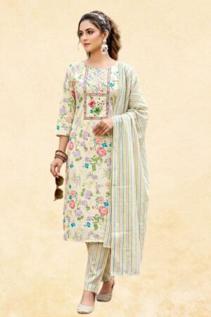 Cream Multicolour Floral Print Straight Kurta with Stripe Trouser & Dupatta