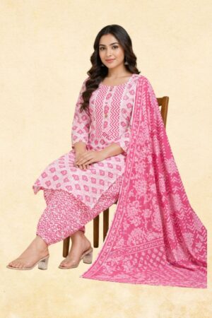 Pink & White Chevron Floral Block Print Cotton 3-Piece Kurta Set
